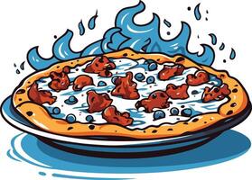 A delicious looking pizza with a unique topping of blueberries, surrounded by a whimsical blue wave design vector
