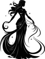 Elegant silhouette of a woman in a flowing gown, with delicate details and a hint of magical charm vector