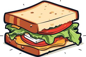 A cartoon illustration of a delicious sandwich with tomato, lettuce, and cheese on a white background vector