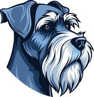 A detailed illustration of a miniature schnauzer's head, featuring a striking blue color scheme and a textured, realistic style vector