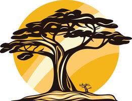 Silhouette of a large, gnarled tree with a sun behind it, reminiscent of a desert landscape vector
