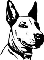 A striking black and white illustration of a bull terrier's head, showcasing its distinctive features and confident expression vector