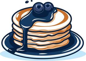 Delicious cartoon illustration of a stack of pancakes with blueberry syrup and blueberries on top vector