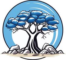 A stylized illustration of a blue tree with a thick trunk, surrounded by rocks, against a blue and white circle vector
