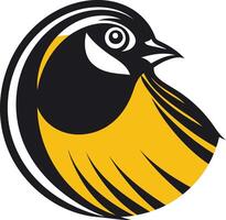 A bold, graphic illustration of a bird's head in black and yellow vector