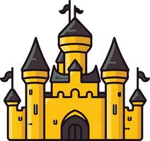 Cute and whimsical illustration of a cartoon castle with a yellow and black color scheme vector