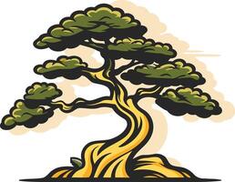 A stylized illustration of a bonsai tree with a thick, twisted trunk and lush green foliage vector