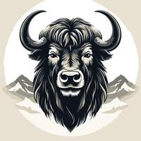A powerful and majestic illustration of a yak's head against a mountain backdrop vector