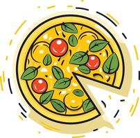 Cute, hand-drawn illustration of a pizza with a slice missing vector