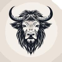 A striking black and white illustration of a bull's head, with detailed horns and a powerful gaze vector