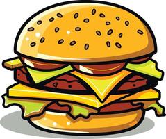 A cartoon-style illustration of a juicy double cheeseburger with lettuce, tomato and cheese, perfect for menus, branding, and social media vector