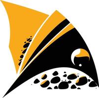 Abstract logo design featuring a black and yellow shape with a crescent moon and scattered pebbles vector