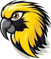 A fierce and bold cartoon parrot head illustration with bright yellow feathers and a sharp black beak vector