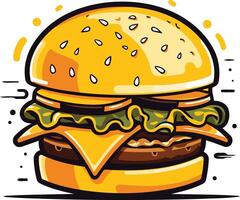 A juicy, cartoon-style hamburger with sesame seeds, cheese, lettuce, and a meat patty vector