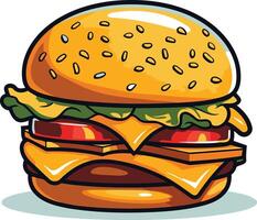A cartoon illustration of a juicy burger with cheese, lettuce, tomato and sesame seeds on the bun vector