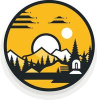 A minimalist, circular logo featuring a mountain landscape with a yellow background vector