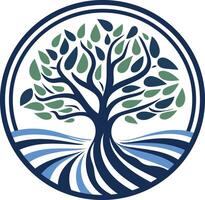 Abstract circular logo featuring a stylized tree with roots, representing growth, connection, and nature vector