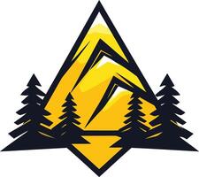 Abstract mountain logo design featuring a bold yellow peak surrounded by trees within a black triangle frame vector