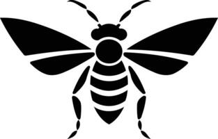 Simple, bold black and white silhouette of a bee with wings spread, perfect for logos, branding, or design elements vector