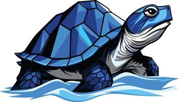 A powerful blue turtle with a stylized shell swims through rippling waves vector