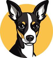 A friendly black and white chihuahua with tan accents looks directly at the viewer against a sunny yellow background vector