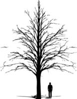 A stark black silhouette of a lone man standing before a bare-branched tree, creating a poignant image of solitude and reflection vector