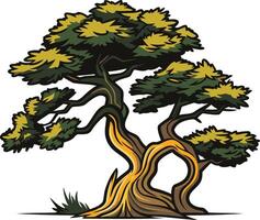 A cartoon illustration of a bonsai tree with intricate branches and a detailed, textured trunk vector