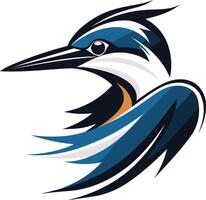 A bold and dynamic logo featuring a stylized kingfisher with a sharp beak and vibrant blue, white, and black colors vector