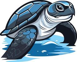 A fierce, cartoon-style sea turtle with a blue shell and determined expression, swimming through turquoise water vector