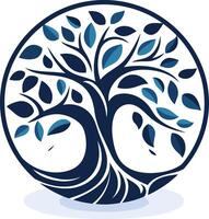 Stylized tree logo with circular design, featuring dark blue branches, leaves, and roots on a white background vector