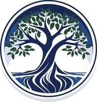 Circular logo featuring a stylized tree with blue roots and green leaves, representing growth, stability, and connection vector