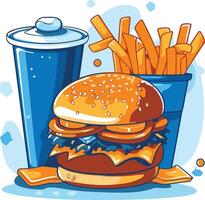A delicious cartoon burger, fries, and a soda - the perfect fast food combo ideal for menu design, social media, or any project needing a fun, appetizing illustration vector