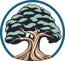 A stylized illustration of a large tree with green foliage and a thick, brown trunk, enclosed within a circular teal frame vector
