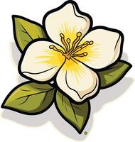 A charming cartoon illustration of a single, white blossom with yellow center, set against a simple background of green leaves vector
