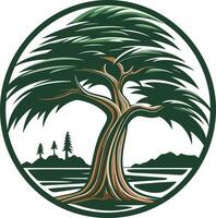 A strong, stylized tree with windswept branches in a circular design vector