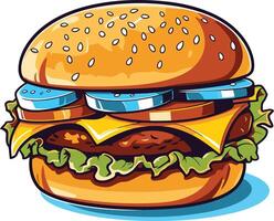 A delicious cartoon hamburger with cheese, lettuce, and pickles vector