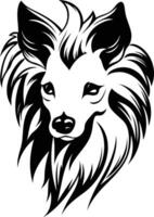 A striking black and white illustration of a chinese crested dog's head, showcasing the breed's unique hairless appearance vector