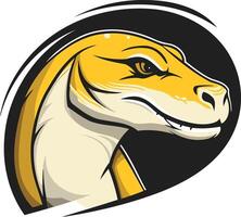 A powerful and fierce dinosaur head logo with a yellow and black color scheme vector