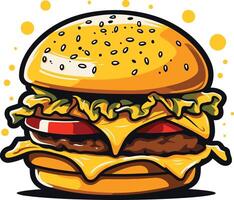 A juicy, cartoon-style hamburger with melted cheese, lettuce, and tomato, perfect for menus, branding, and social media vector