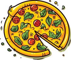 A cartoon pizza with a single slice removed, perfect for menus, websites, or social media posts vector