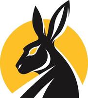 Bold and dynamic black rabbit logo with a yellow sunburst backdrop vector