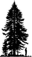 A solitary figure stands before a towering pine tree, its silhouette a stark contrast against the white background vector