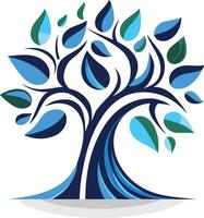 A stylized, blue and green tree design with a wave-like trunk vector