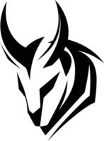 A powerful and aggressive black and white logo design featuring a stylized bull's head with sharp horns vector
