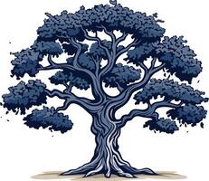 A striking illustration of a single, majestic oak tree rendered in a deep blue hue vector