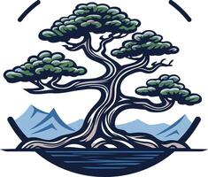 Bonsai Tree Illustration in a Circular Frame vector