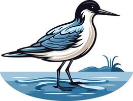 A cartoon illustration of a blue and white seabird wading in the water vector