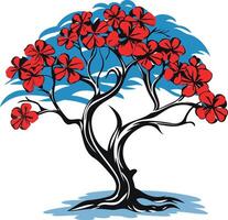 A stylized tree with red flowers and a blue sky background vector