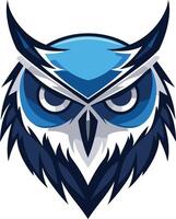 A bold and powerful owl logo design, featuring a blue and white color scheme with sharp, angular features vector