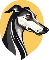 A stylized illustration of a greyhound dog's head in a yellow circle, perfect for logos, branding, and pet-related designs vector